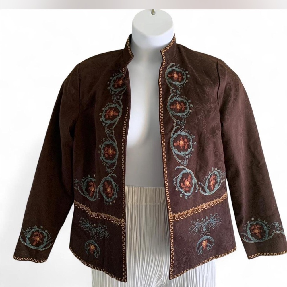 Boho Hippie Festival CottageColdwater Creek Brown Embroidered Jacket PM - Picture 1 of 7